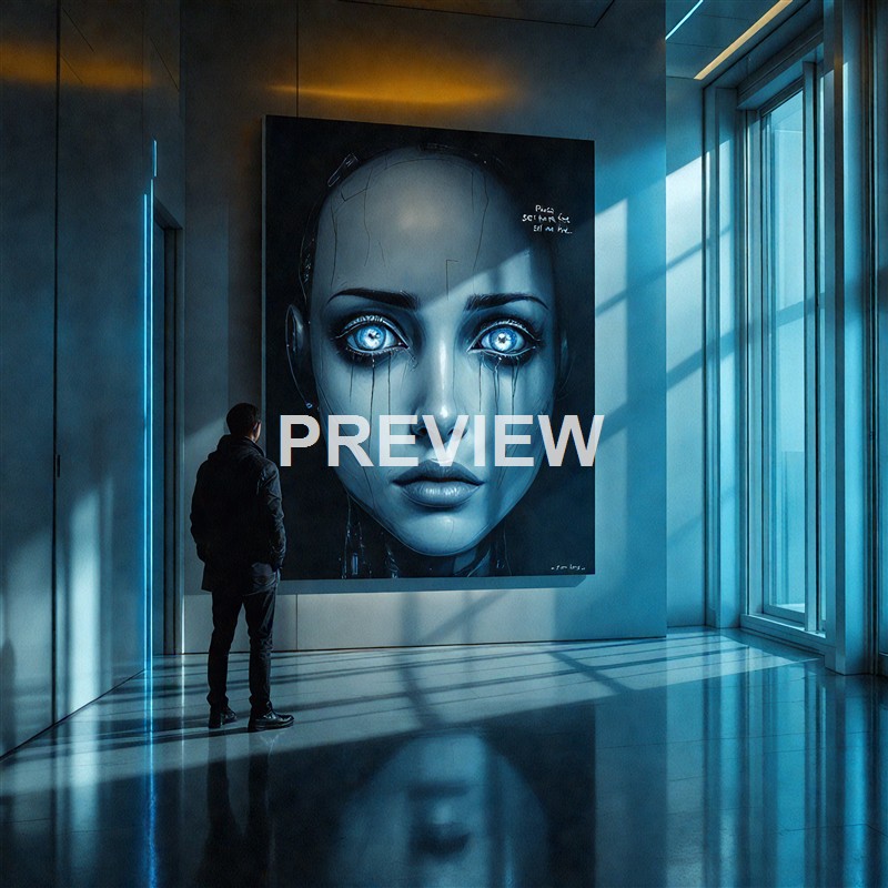 A man stands in front of a large digital artwork of a futuristic, human-like face with glowing blue eyes in a modern, well-lit gallery or museum space.
